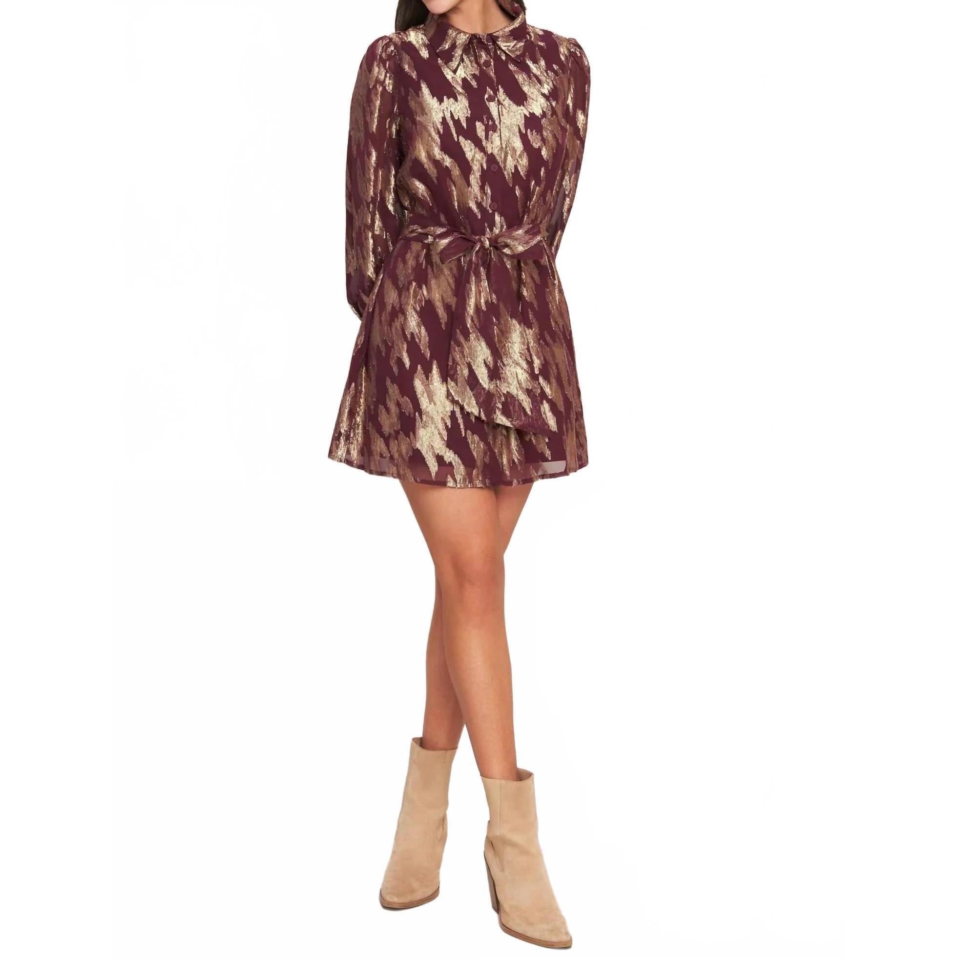 New Flying Tomato Muse Metallic Print Long Sleeve Collared Mini Dress In Burgund — image 8 of 8
